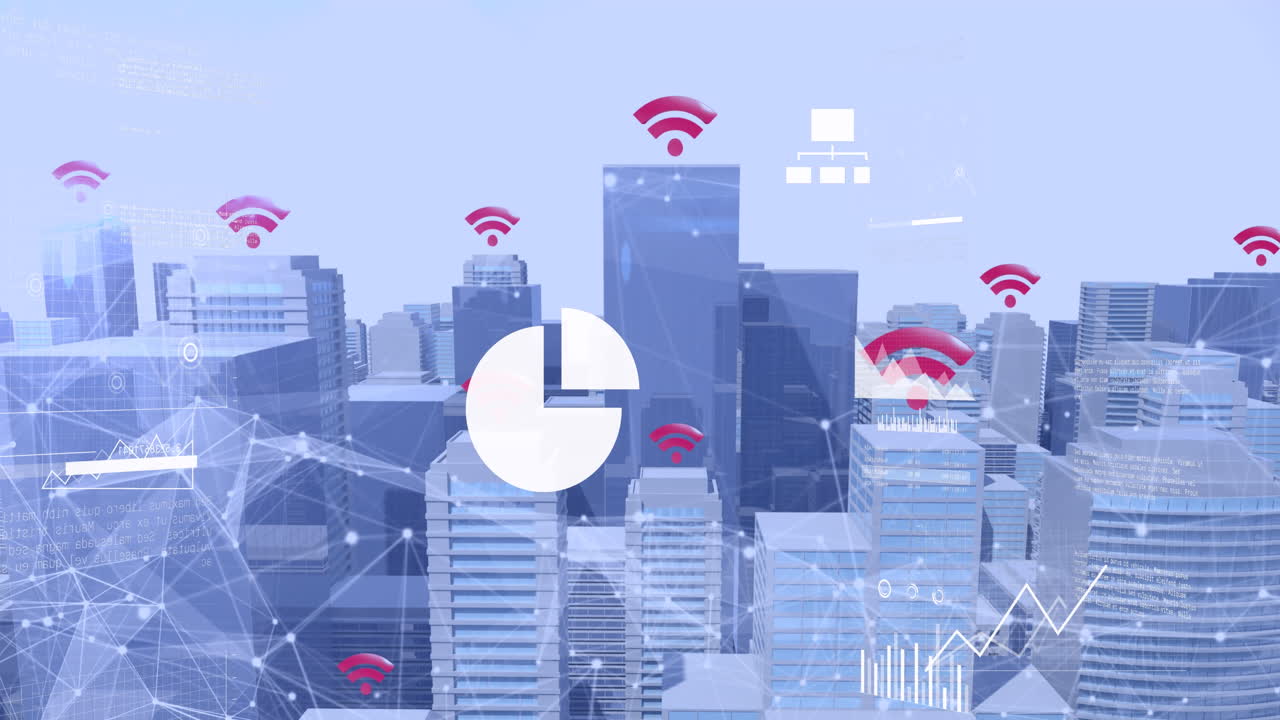 animacja przetwarzania danych nad krajobrazem miejskim