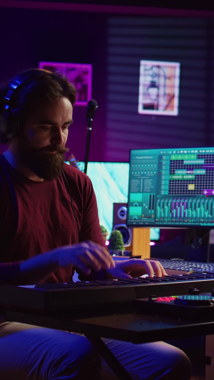 Focused Man Wearing Headphones Playing Keyboard in Music Studio