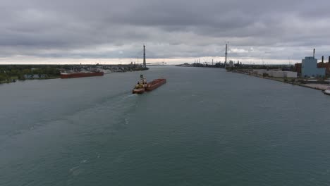 Drone-view-of-the-Detroit-River-in-Detroit,-Michigan