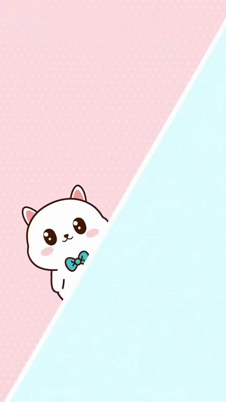 Cute cartoon cat peeking from a diagonal split pastel background, perfect for video intros