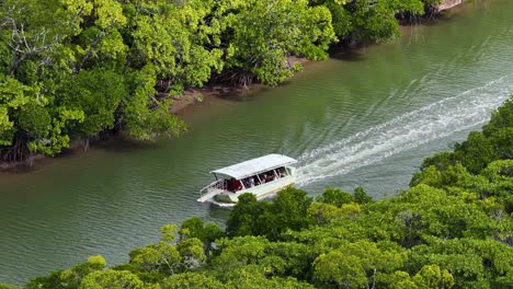 aerial footage of a tour boat carrying passengers along a winding river surrounded by lush rainforest in port douglas, australia. bright daylight, smooth drone movement