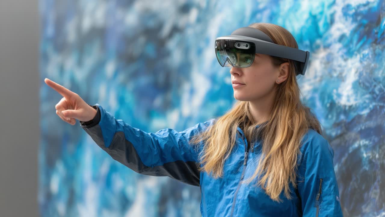 Young Woman Using Augmented Reality Headset to Interact with Digital Environment, Displaying Innovative Technology and Engagement in a Modern Space