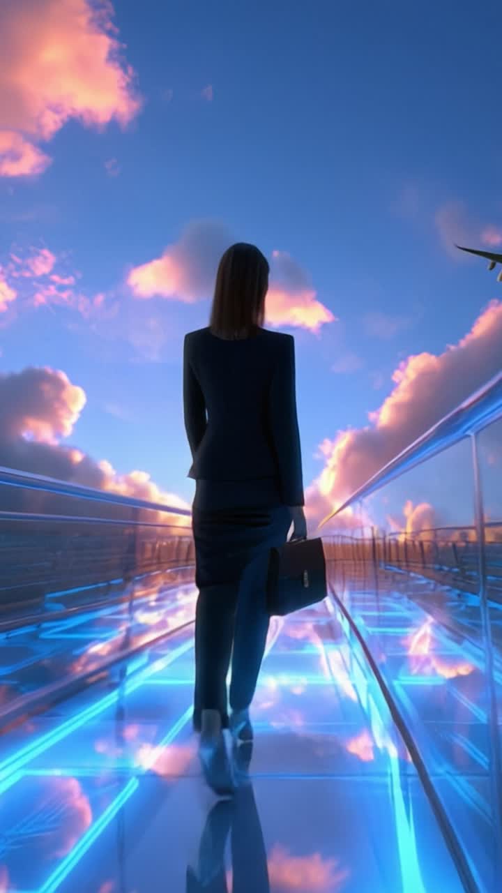 Una donna d'affari sicura di sé cammina verso un orizzonte luminoso, unendo moda e ambizione su uno sfondo mozzafiato di cielo vibrante e un percorso futuristico.