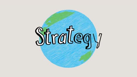 animation of strategy text over globe on grey background