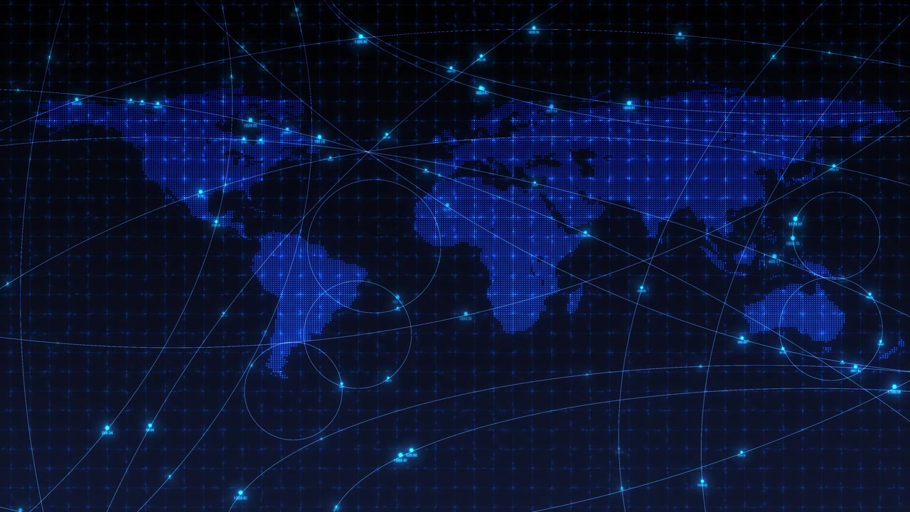 Global digital connection map with glowing blue continents network nodes grid texture and tracking