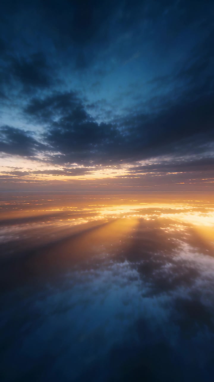 Vertical video: Widening golden horizon band casting sunbeams across cloud layer at sunrise