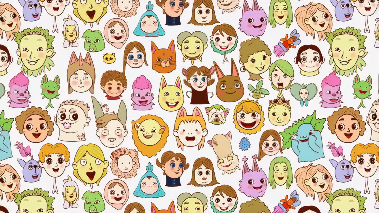Seamless Pattern of Diverse Cartoon Faces and Whimsical Characters