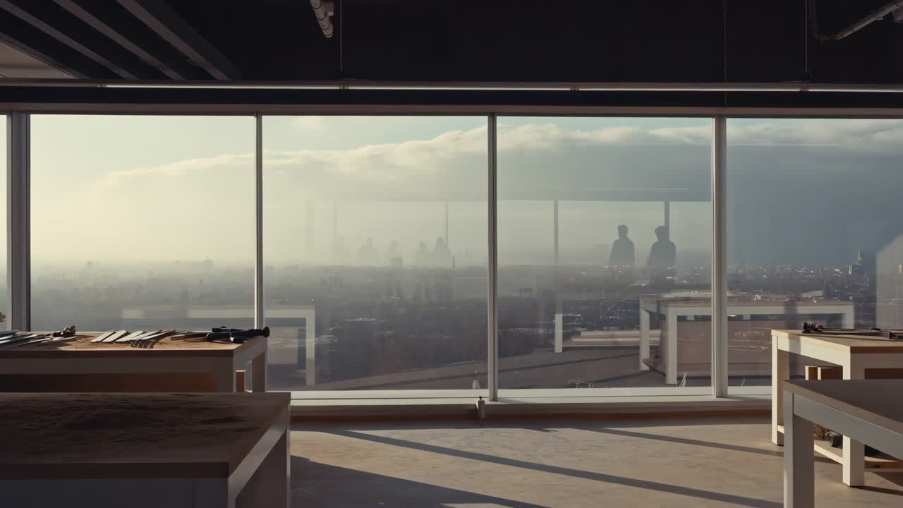 Modern office or workshop interior with a panoramic cityscape view