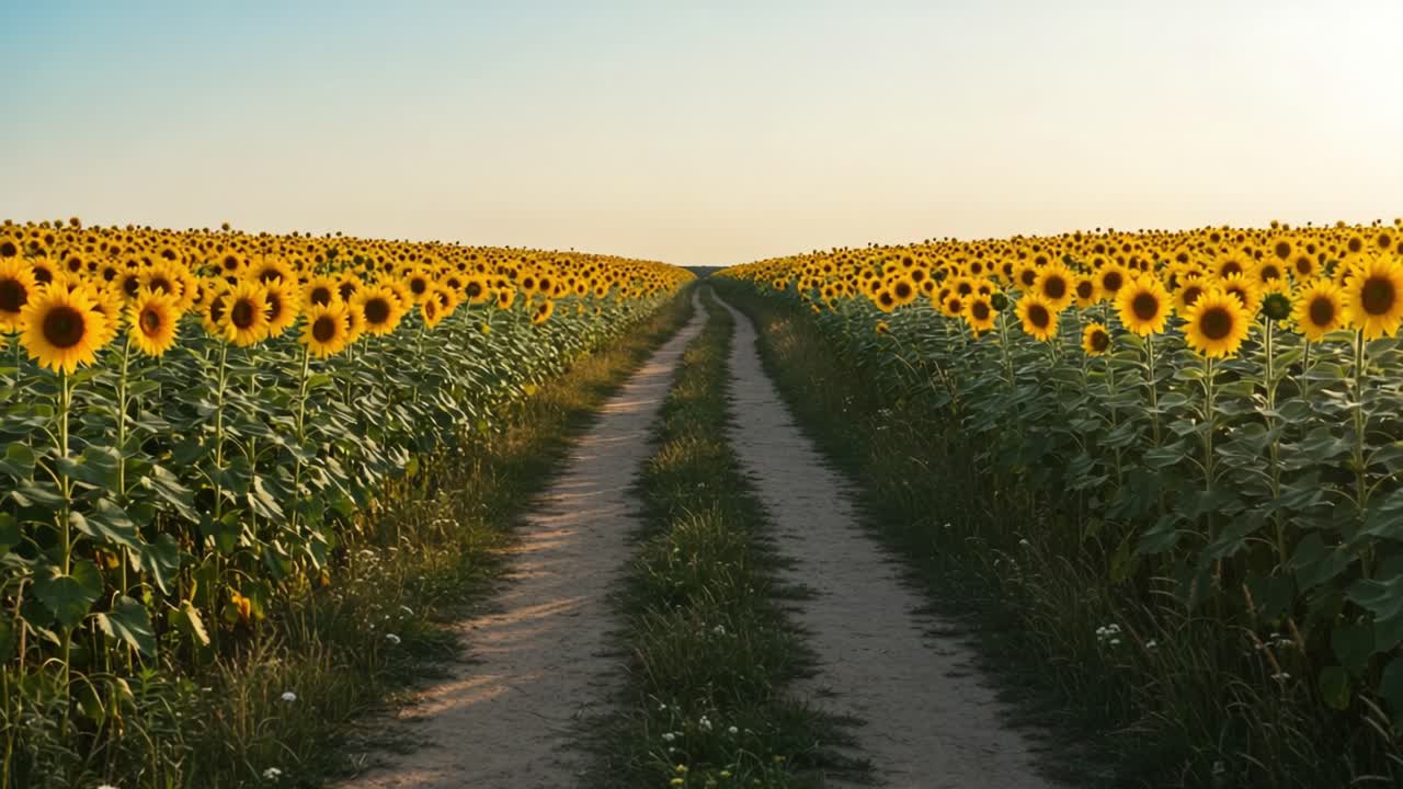 Serene Landscape of Sunflowers Bordering a Tranquil Dirt Path Leading into the Horizon, Offering a Picturesque View Under the Warm Sunlight