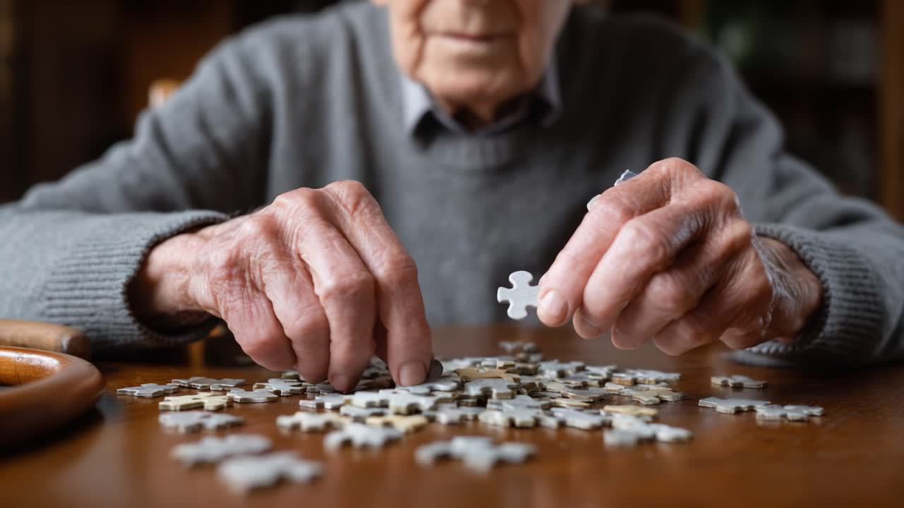 An elderly person engages in the calming activity of assembling a jigsaw puzzle, showcasing their focused determination and dexterity during the puzzle-solving process