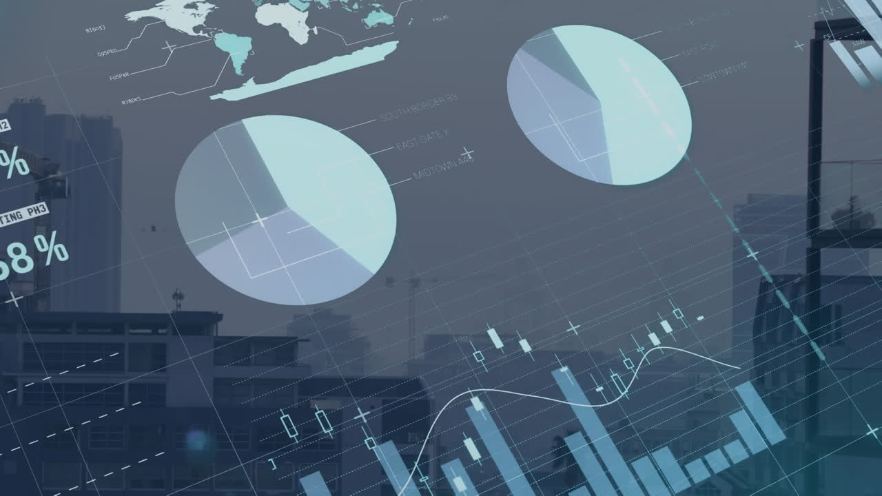 Animation of statistical data processing over grid network against aerial view of cityscape