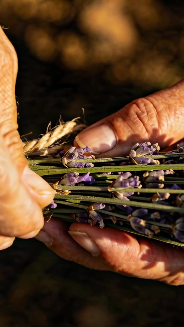 Video verticale: Inizia tenendo steli di lavanda, mani che avvolgono spago in giardino, fissando il fascio.