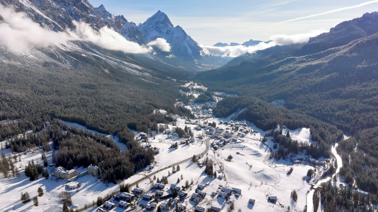 Aerial drone view of the Cortina d'Ampezzo town in the Dolomites, Italy