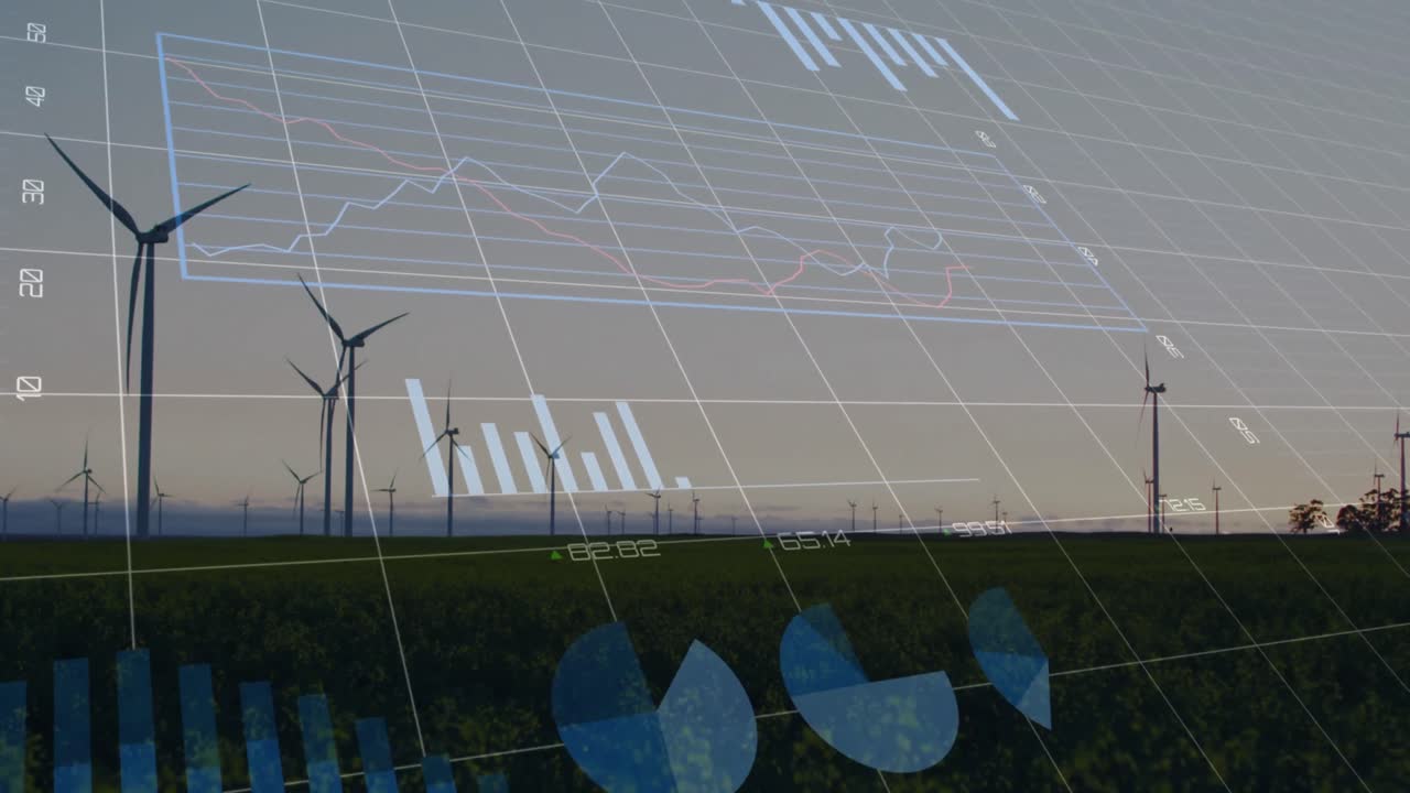 그래프의 애니메이션과 녹색 필드에서 풍차의 타임 스에 따라 변하는 숫자