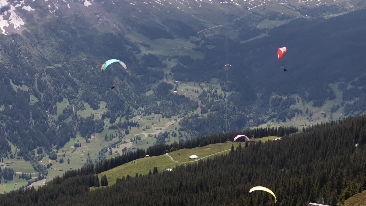 imagen de descenso de parapente sobre el valle verde de grindelwald