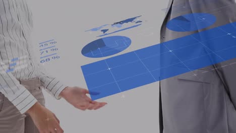 animation of data processing over mid section of businessman and businesswoman shaking hands