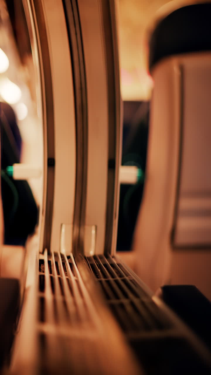 Close up of the window of a moving train with a blurry view. Vertical