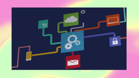 animation of network of connections with icons and data processing