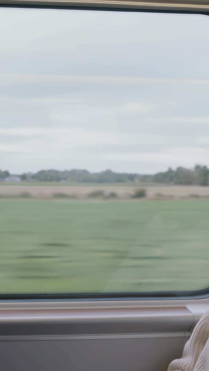 Vertical video: Recording camera on moving train showing passing fields via window, ledge, sweater