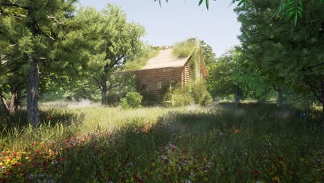 An-old-wood-cabin-inside-a-dense-forest-in-the-wilderness,-with-butterflies,-day-time,-3D-animation-camera-zoom-in