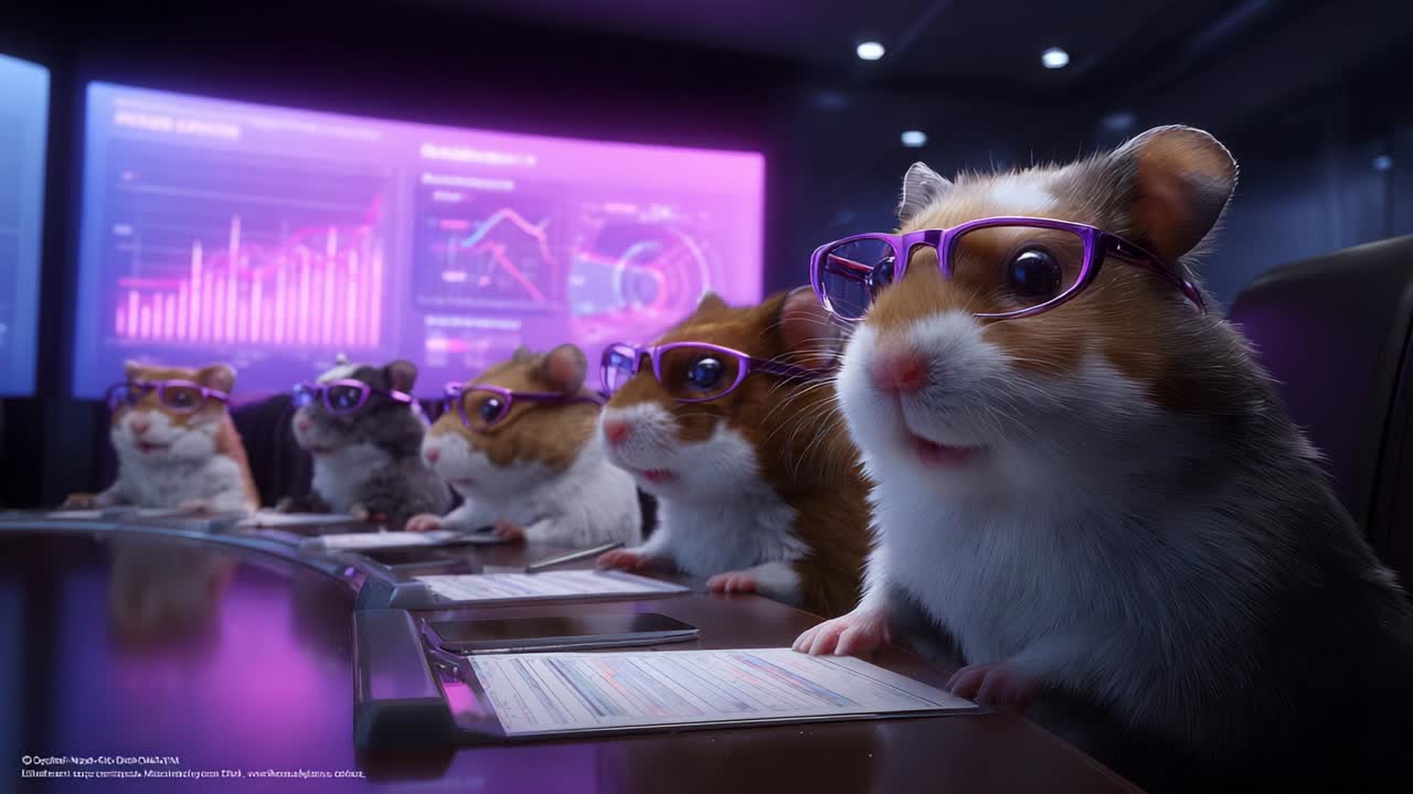 A captivating scene depicting a group of hamsters wearing stylish glasses, seated around a modern conference table as they engage in an important meeting filled with data analysis and strategic discussions