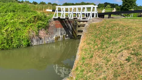 Caluroso-Día-De-Verano-En-El-Canal-Kennet-Y-Avon-En-Devizes-Inglaterra,-Clima-Soleado-Con-Cielo-Azul-Y-Naturaleza-Verde,-Toma-De-4k