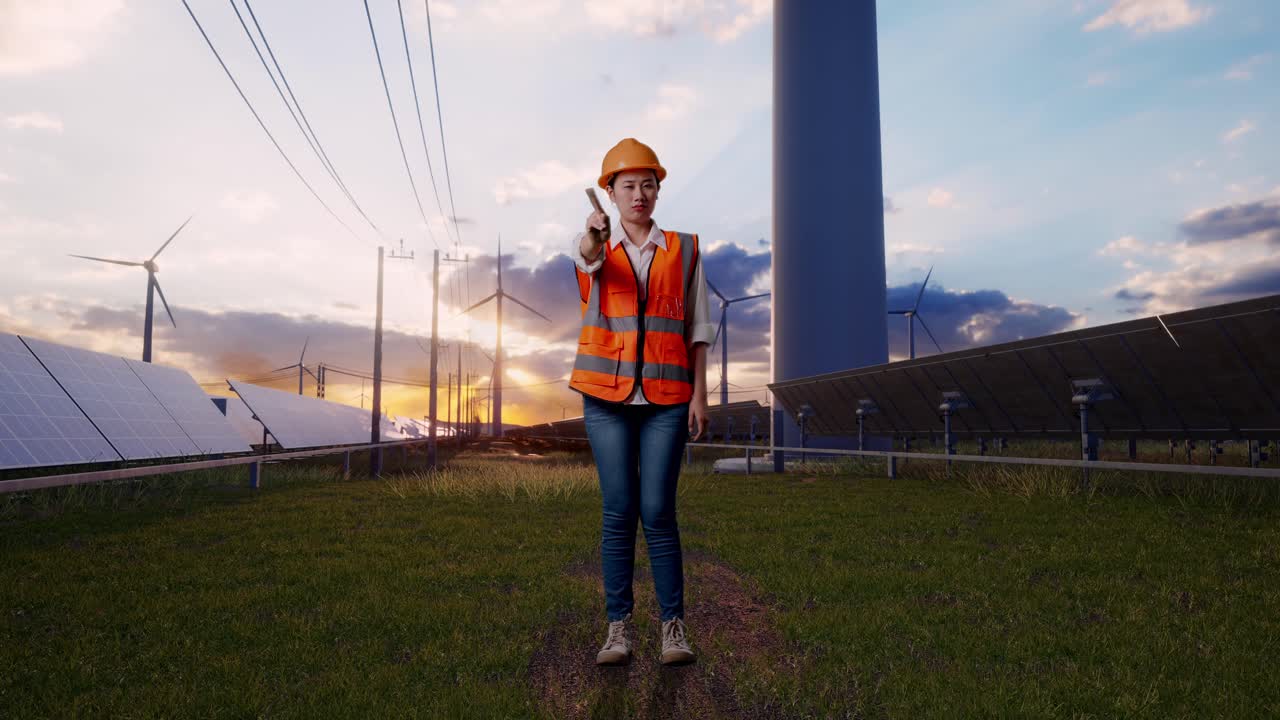 Full Body Of Asian Female Engineer With Safety Helmet Disapproving With No Index Finger Sign With Solar Panel and Wind Turbines
