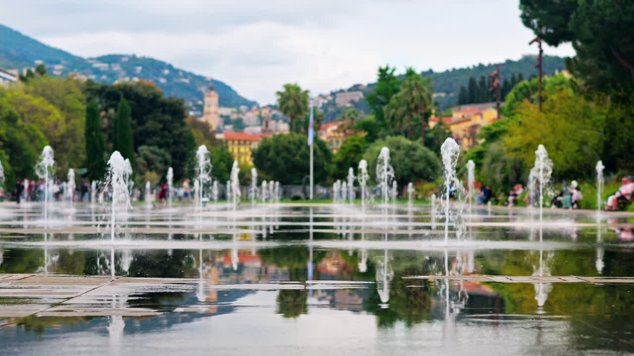 Close up of a water fountain in the Promenade du Paillon park in Nice, France