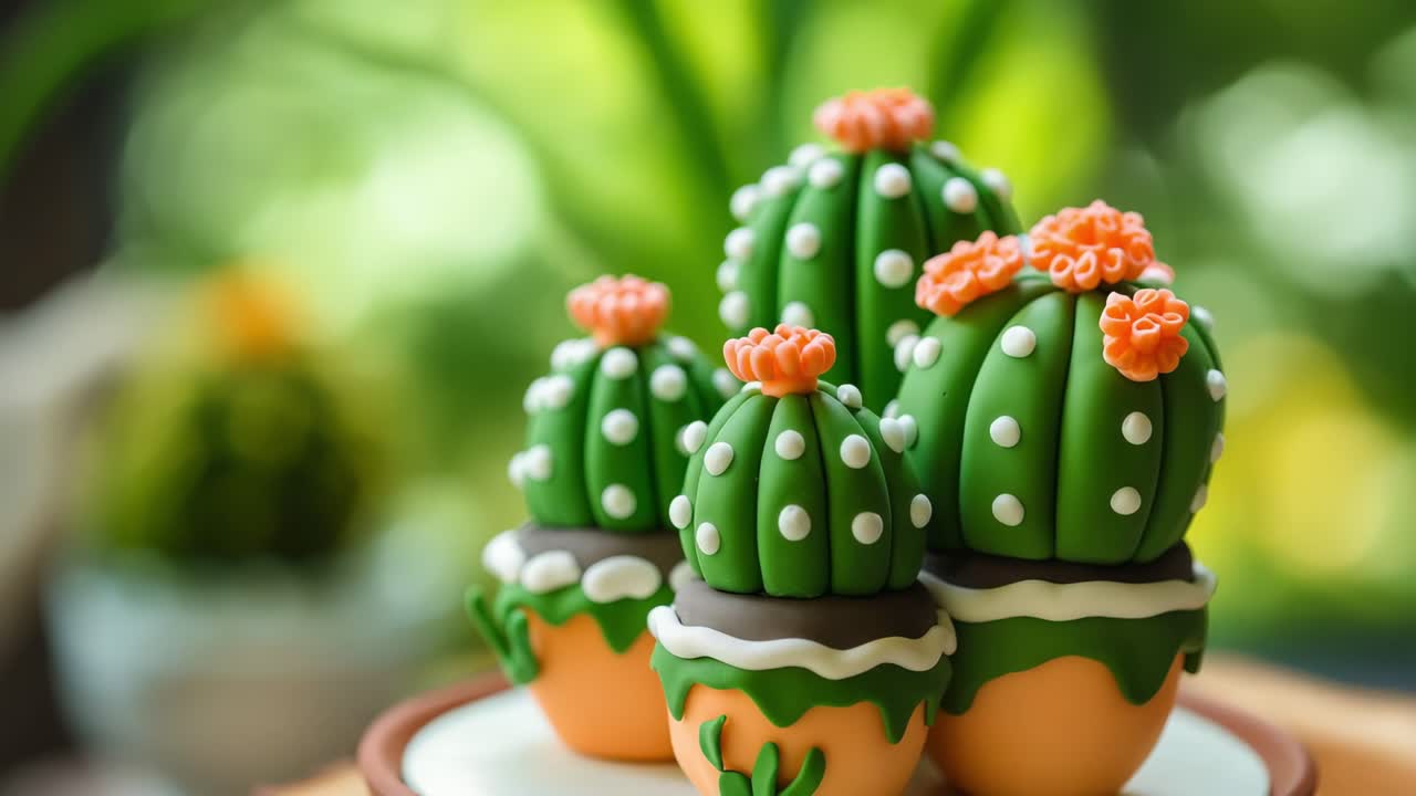 Clay cactus rotating on a wooden base with blurred green background, featuring orange flowers and white dots, creating a decorative and artistic scene