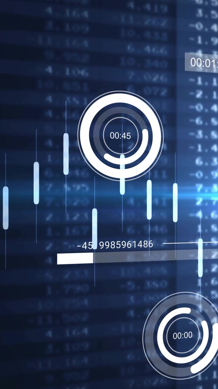 Vertical video: Digital HUD updating finance metrics, flare sweeping, rotating dials pulsing bars