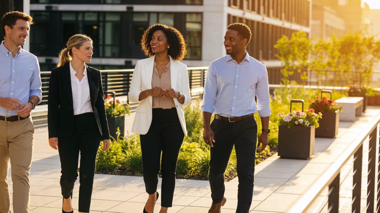 Vier zakelijke teamleden lopen over zonnig terras, vrouw in het midden gebaart, start geanimeerde grafieken voor planning.