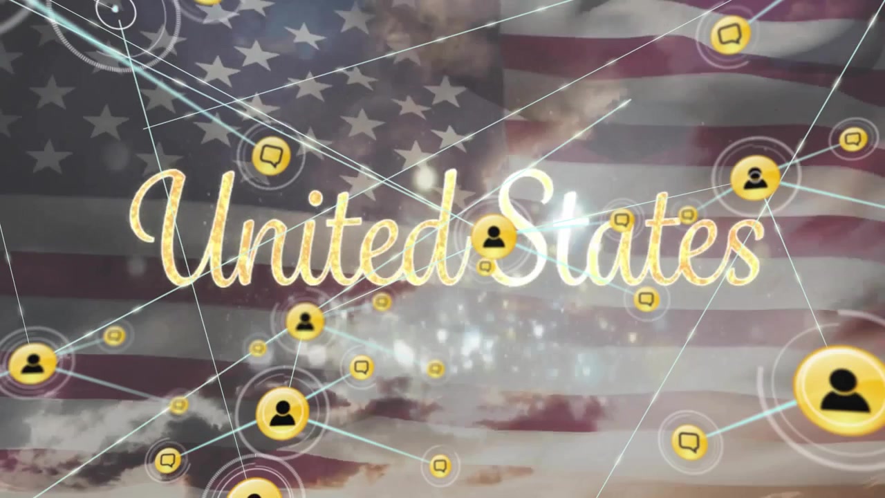 アメリカの国旗と曇り空を背景に、「United States」の文字と人々のアイコンのネットワークがアニメーションで表示される。