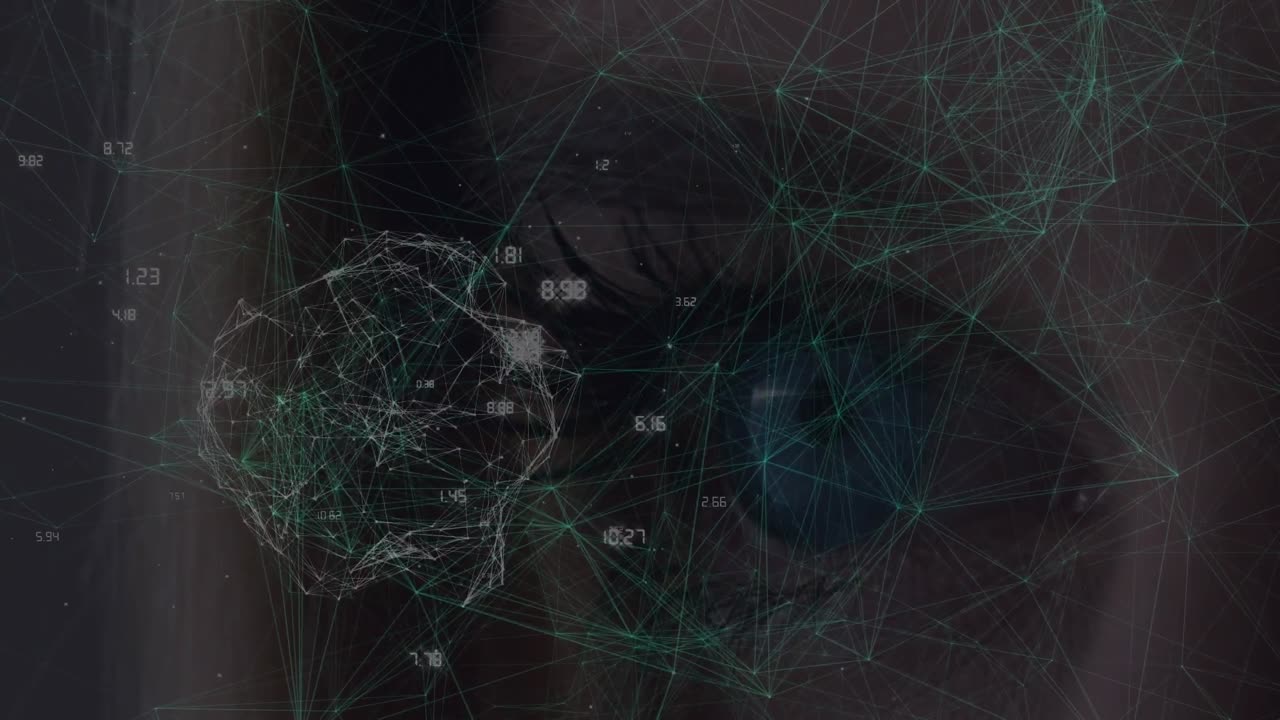 Network of connections and multiple changing numbers against close up of a female eye