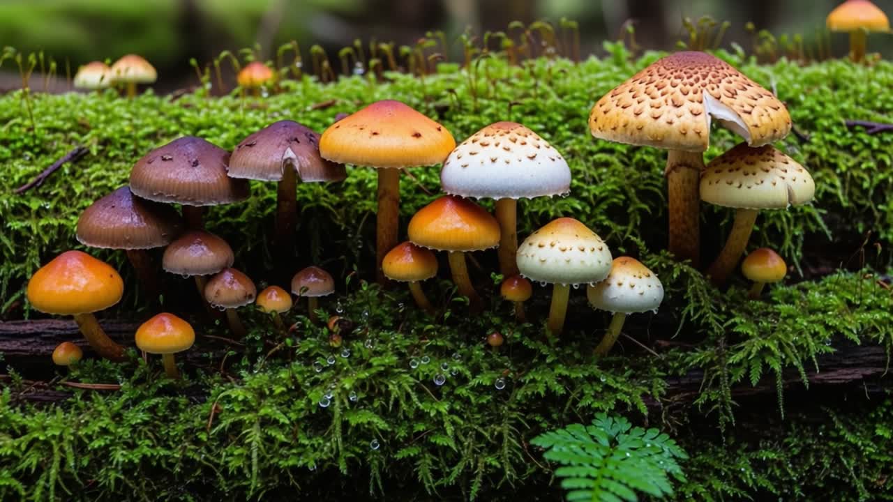 A Stunning Array of Colorful Mushrooms Thriving on a Mossy Log, Showcasing Nature's Intricate Beauty and the Delicate Textures of Fungi in Their Natural Habitat