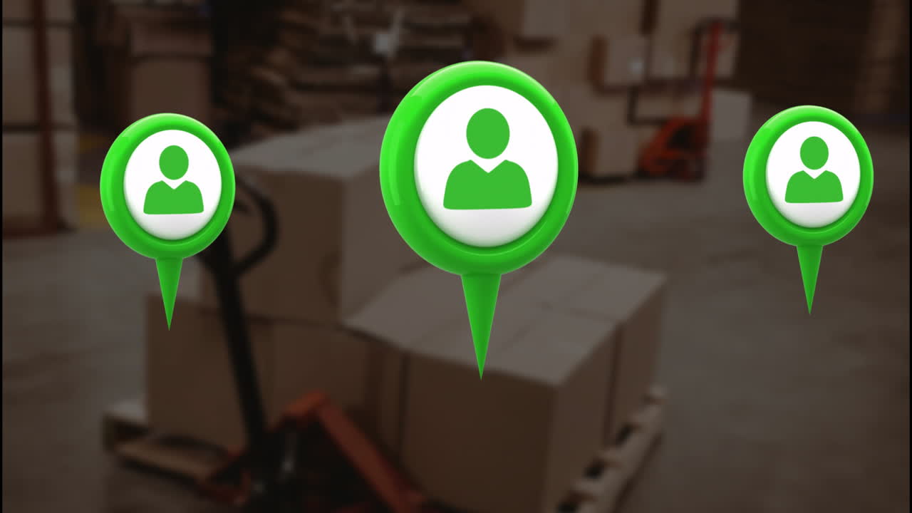 Animation of green user icons floating in warehouse with stacked boxes