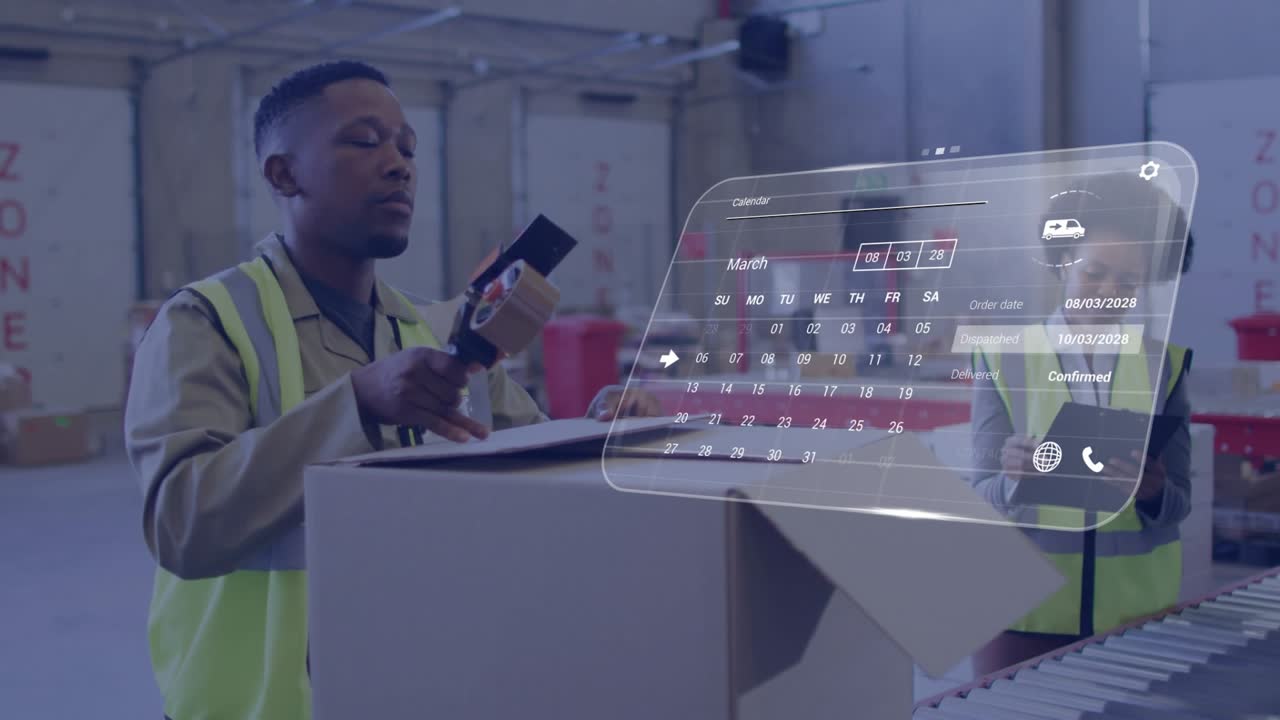Vertical video: Sealing packer in vest using tape gun in warehouse as AR calendar showing order OK