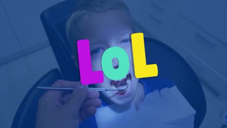 Animation-of-lol-text-over-caucasian-male-dentist-treating-caucasian-boy