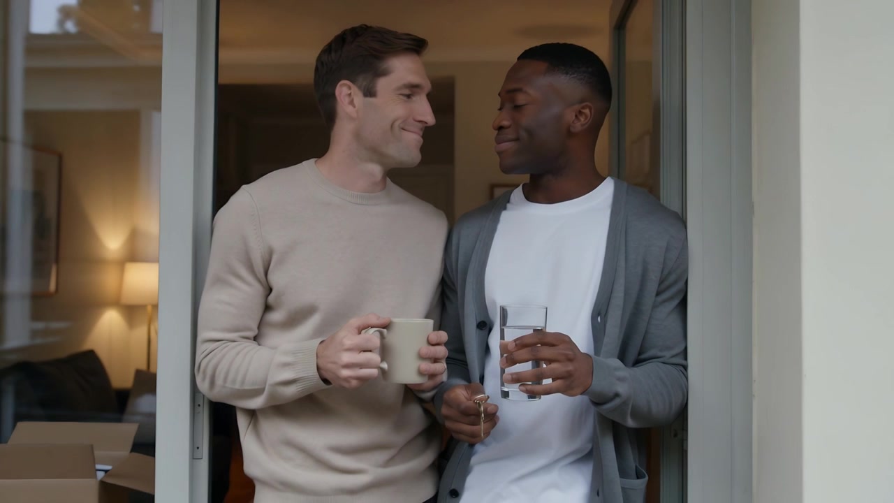 Arriving home with key, two men holding mug and glass in sweater, cardigan leaning in doorway