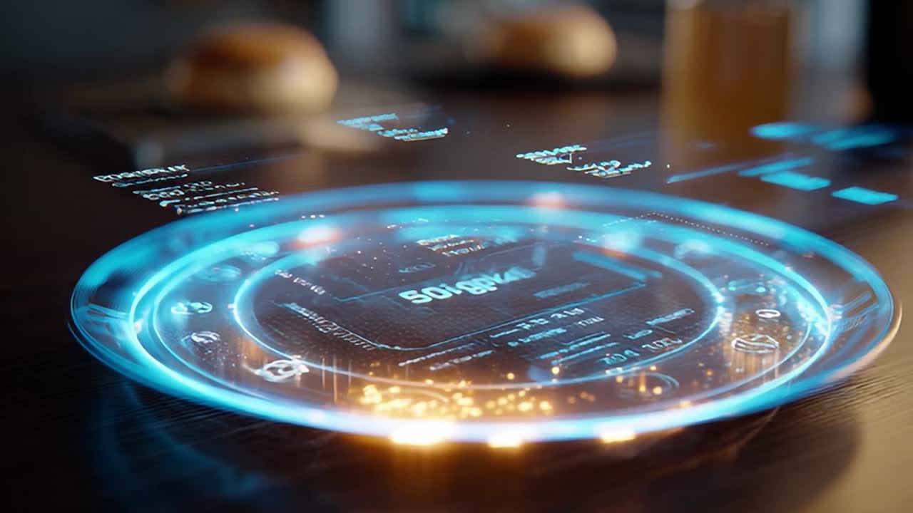 Futuristic technology interface displayed on a wooden table