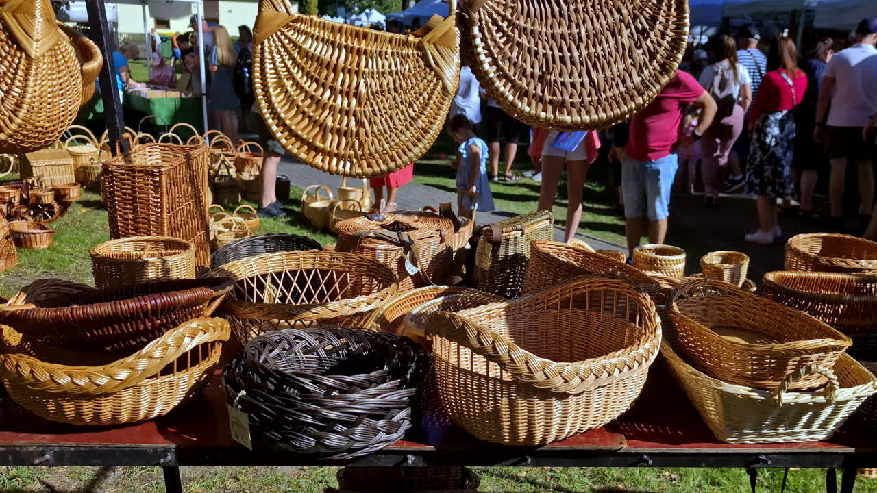 Closeup shot of braided baskets in a roadside stall.