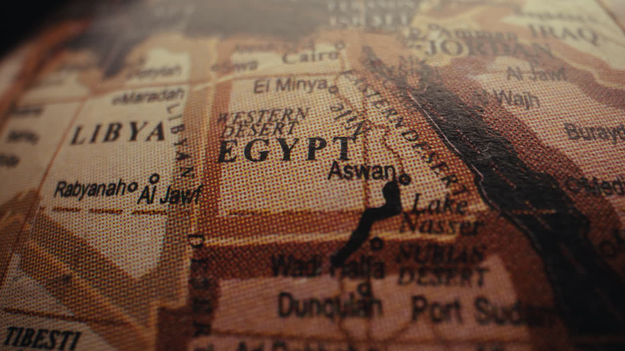Close-up of a world map, focusing on Egypt and Libya