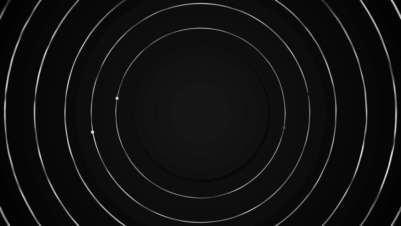 Black circular orbit rings background with silver curved lines small sphere particles soft shadows