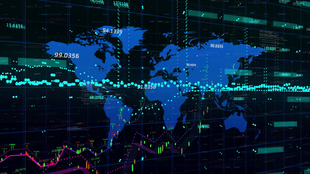 Animation of financial data processing over world map