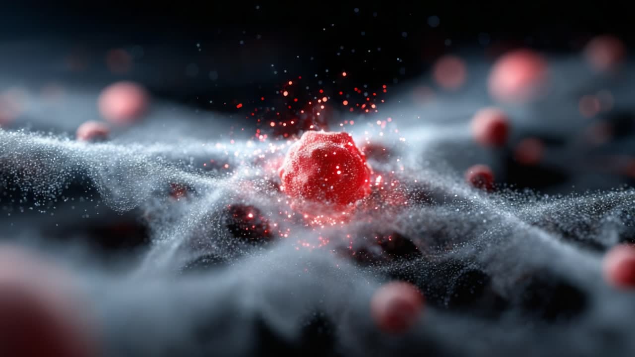 A Stunning Visual Representation of Molecular Activity: Capturing the Dynamics of Red Particles and Their Interactions in a Whirling Cloud of Energy