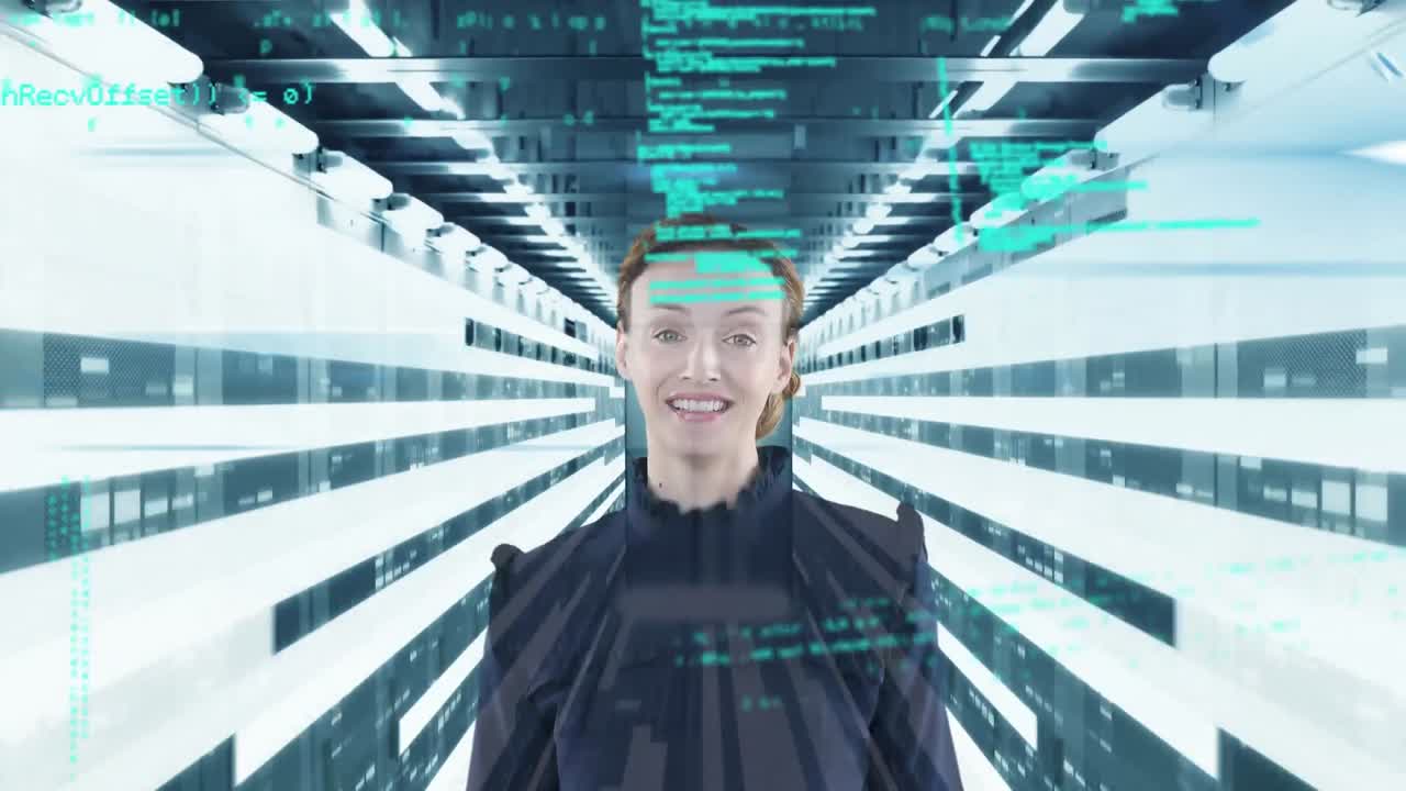 animación de una mujer caucásica pensativa pensando en datos y números flotantes