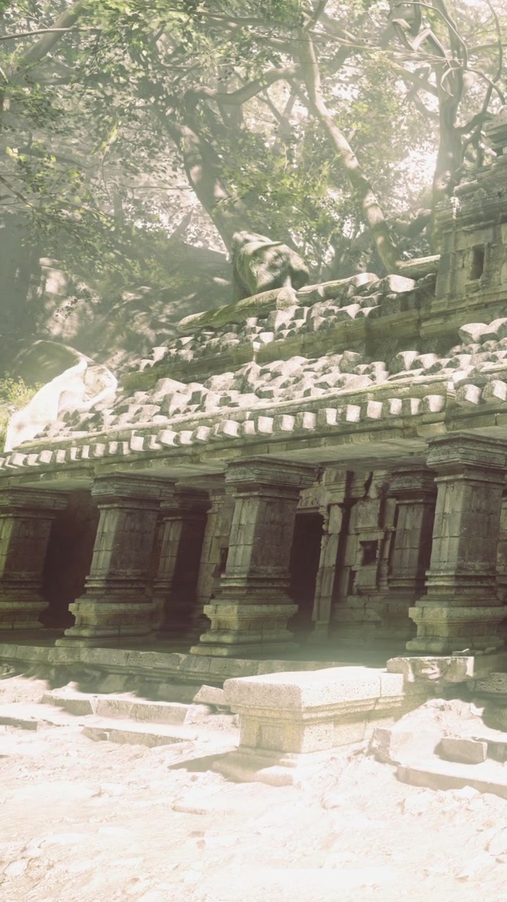 Ancient temple ruins surrounded by lush greenery in a serene forest