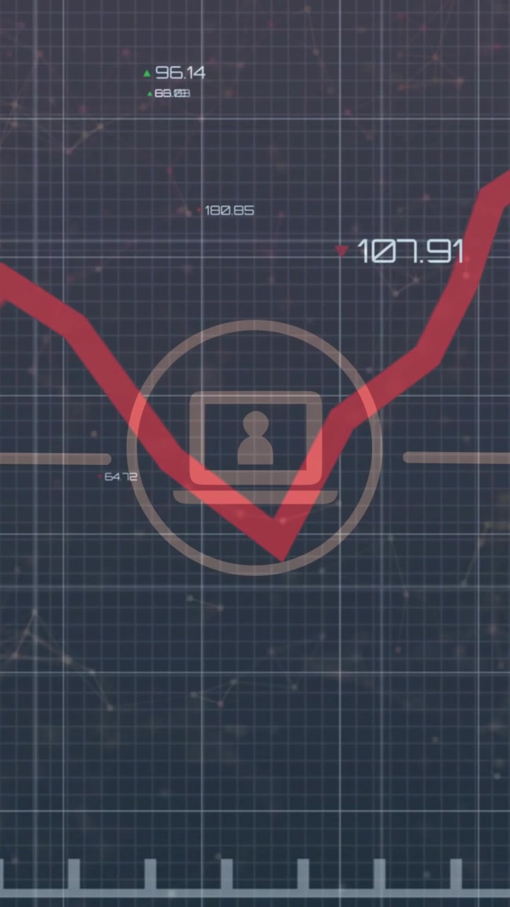 Linea di tendenza rossa che entra da sinistra, scende sopra l'icona di un laptop, inverte la rotta e sale, tracciando le analisi