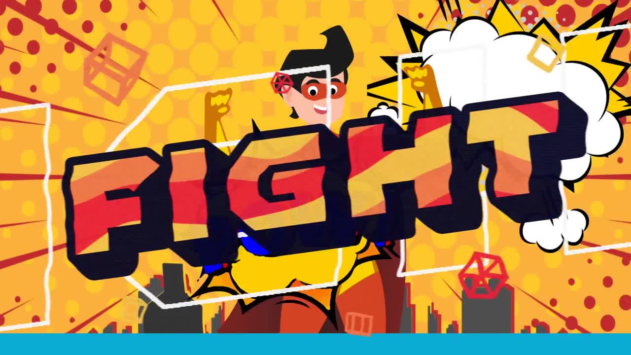 연설 거품과 노란색 배경의 남성 슈퍼 히어로에 대한 추상 텍스트에 대한 텍스트 싸움