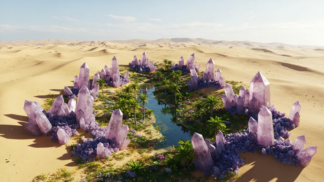 A Breathtaking Oasis Surrounded by Majestic Amethyst Crystals and Lush Greenery in a Desert Landscape