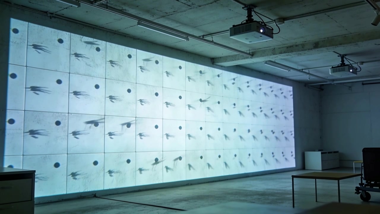 Starting playback, bird silhouettes sweeping and filling tiled wall in gallery with projector